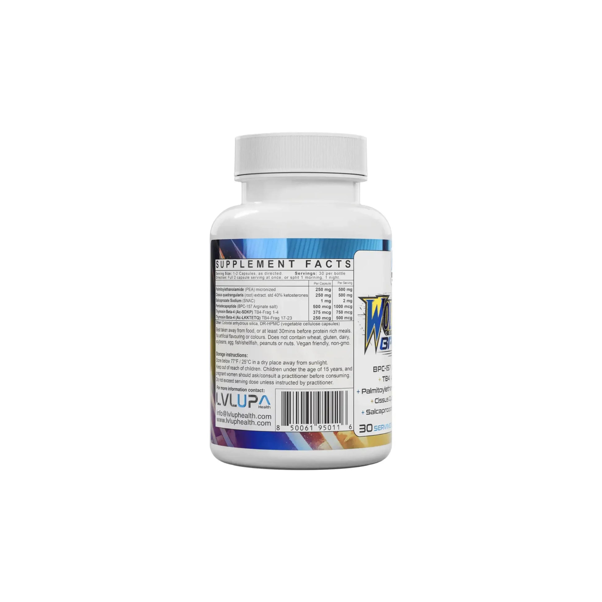 Back view of LVLUP Health Wolverine supplement bottle showing the advanced peptide recovery formula supplement facts