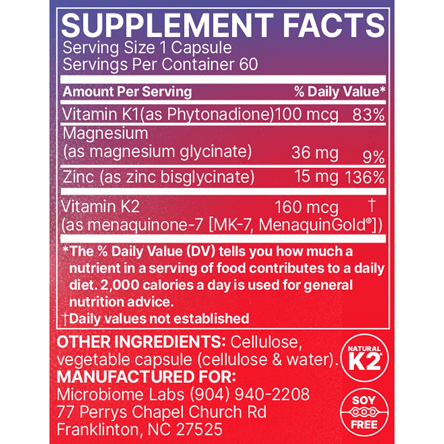 Mega Quinone Microbiome Labs Supplement Facts Label