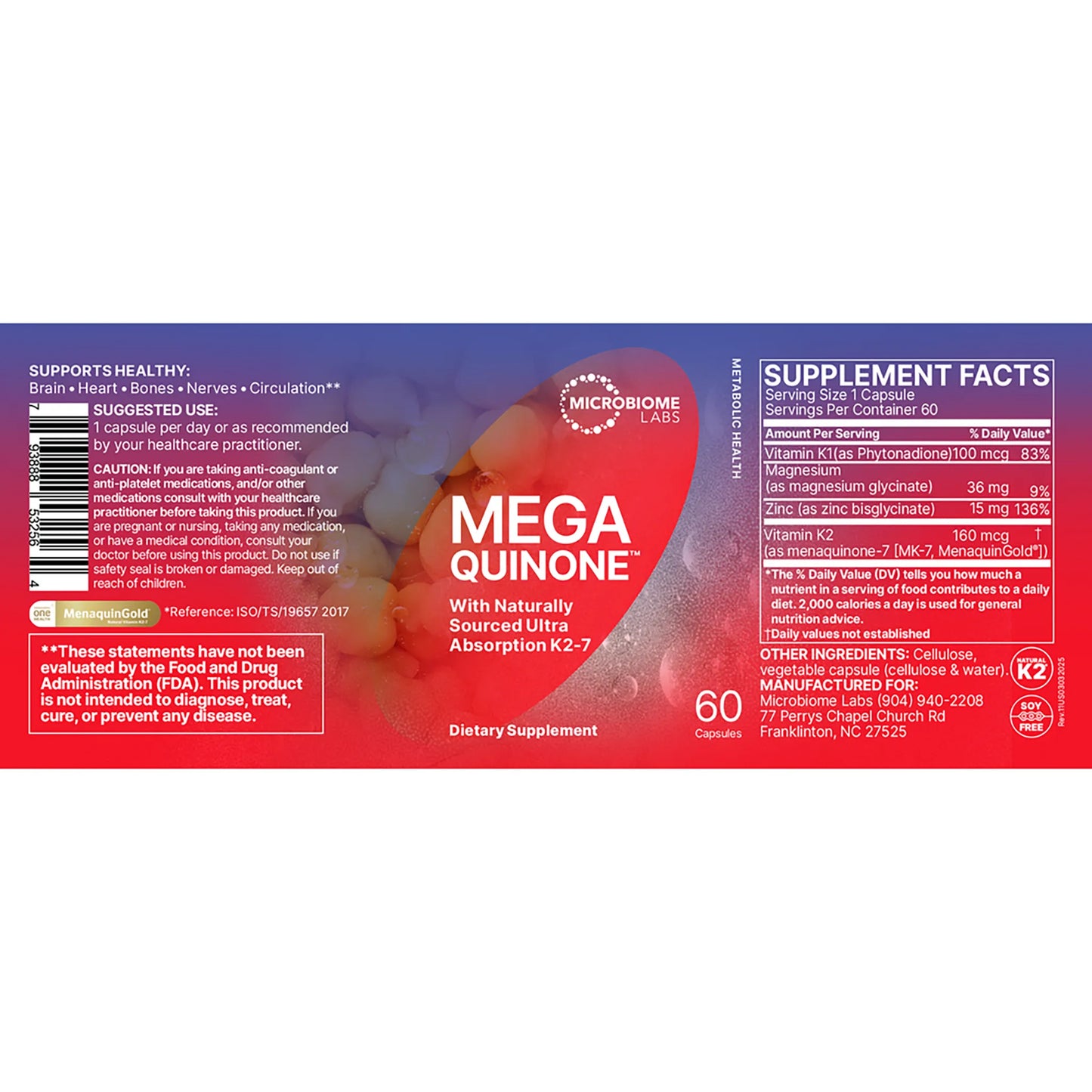 Mega Quinone Microbiome Labs Ingredients Label