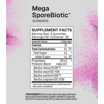 Mega Spore Biotic Microbiome Labs 60 Gummies Ingredients Label