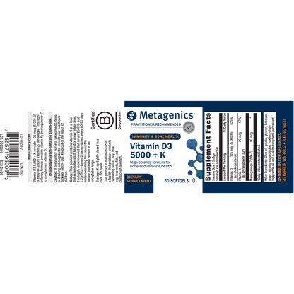 Metagenics Vitamin D3 5000 + K supplement label on a white background