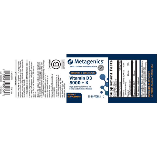 Metagenics Vitamin D3 5000 + K supplement label on a white background