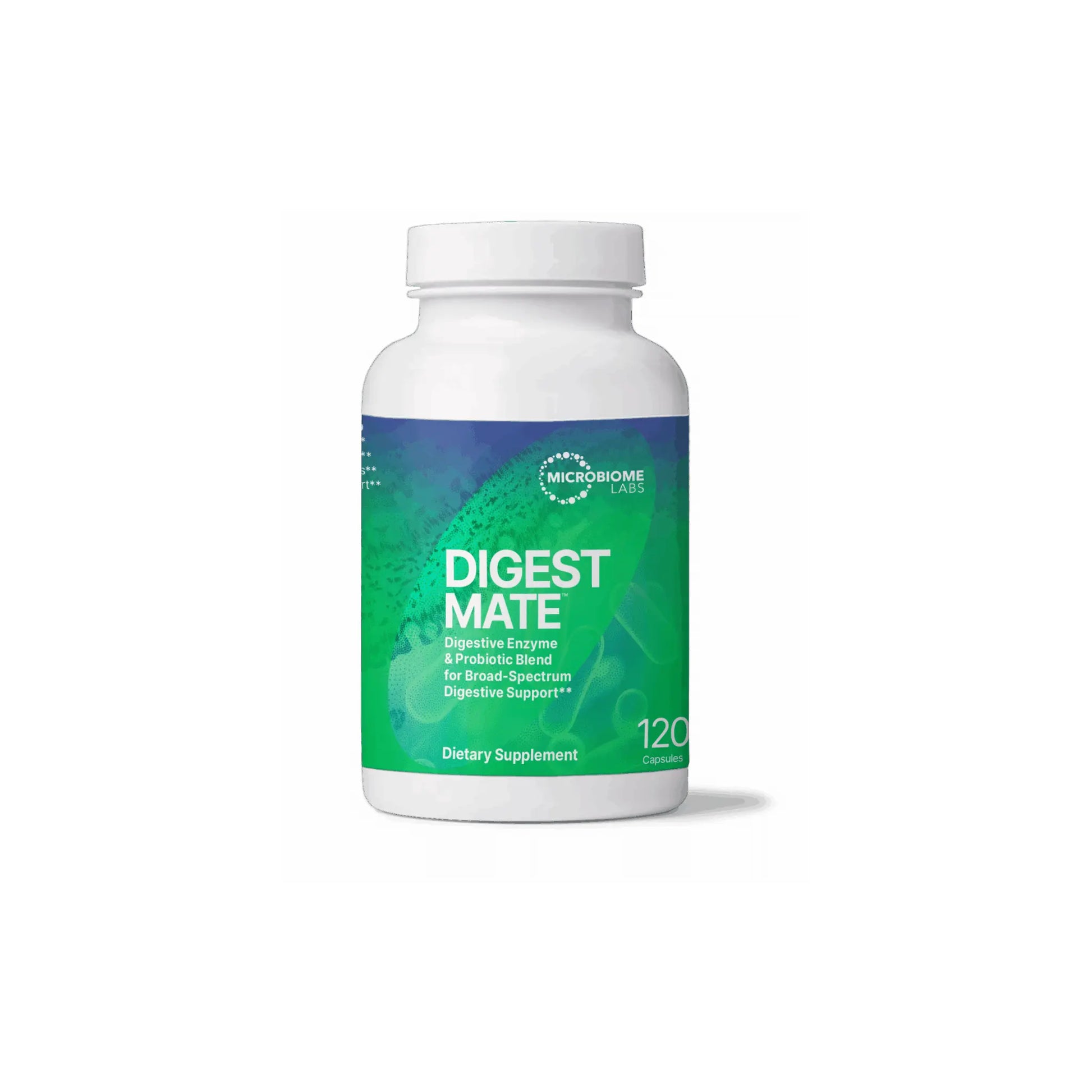 Front view of Microbiome Labs DigestMate 120 capsules bottle highlighting the 2-in-1 digestive enzyme and probiotic formula