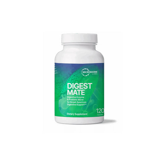 Front view of Microbiome Labs DigestMate 120 capsules bottle highlighting the 2-in-1 digestive enzyme and probiotic formula