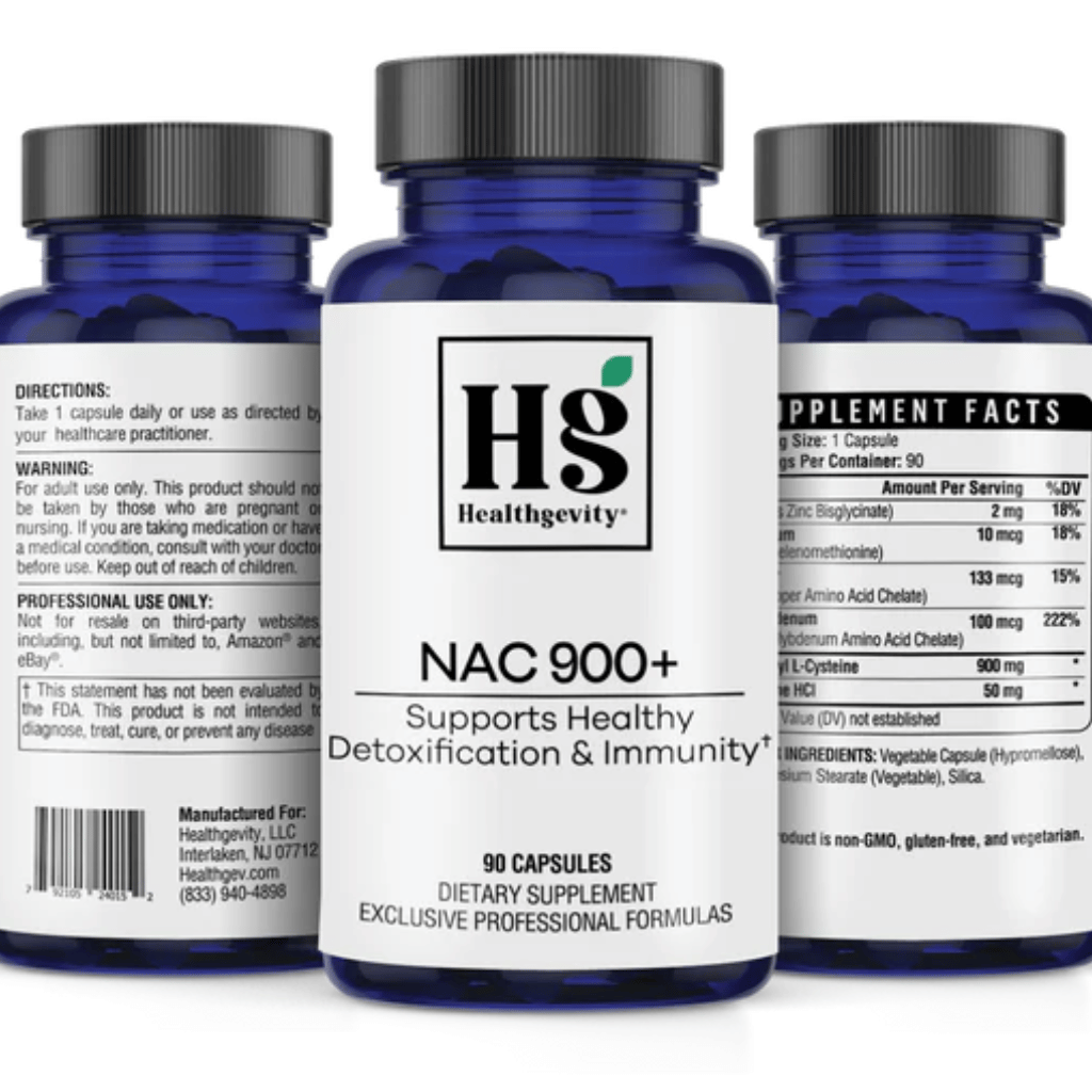 The labels on a bottle of Healthgevity's NAC 900 supplement.