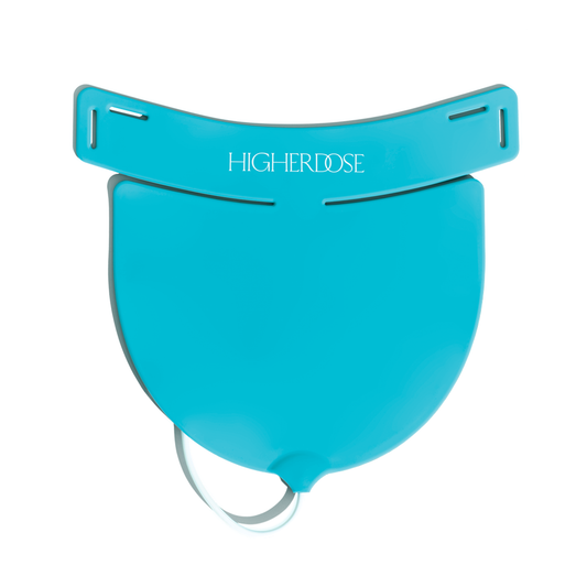 Blue HigherDOSE Red Light Neck Enhancer device for skin rejuvenation with cordless design and LED therapy.