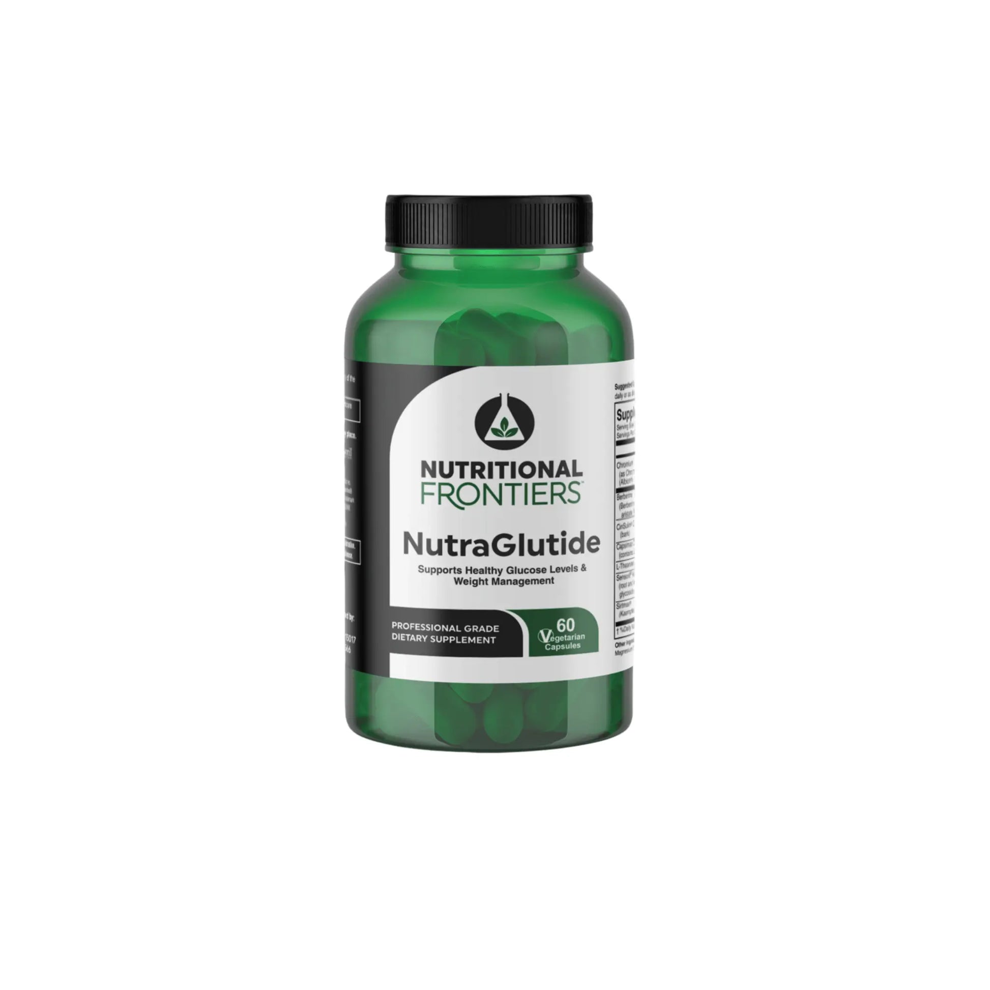 Front view of the Nutritional Frontiers NutraGlutide bottle highlighting the professional formula for blood sugar and metabolic support
