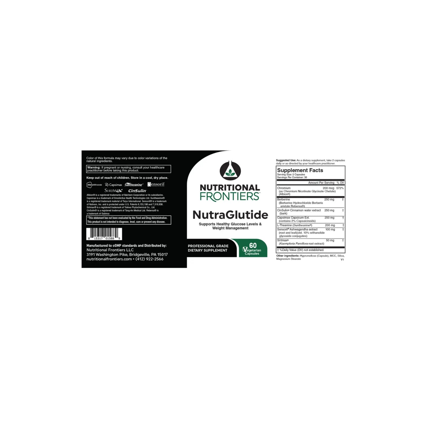 Flat layout view of the complete NutraGlutide label detailing the supplement facts ingredient dosages directions and manufacturing information