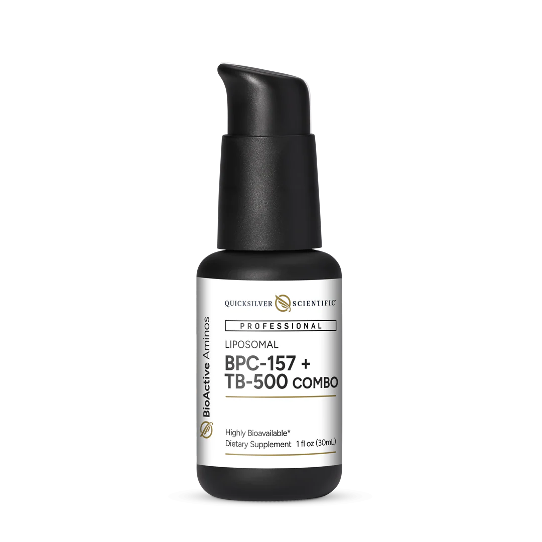 Bottle of Quicksilver Scientific's BPC157 + TB500 peptide supplement.