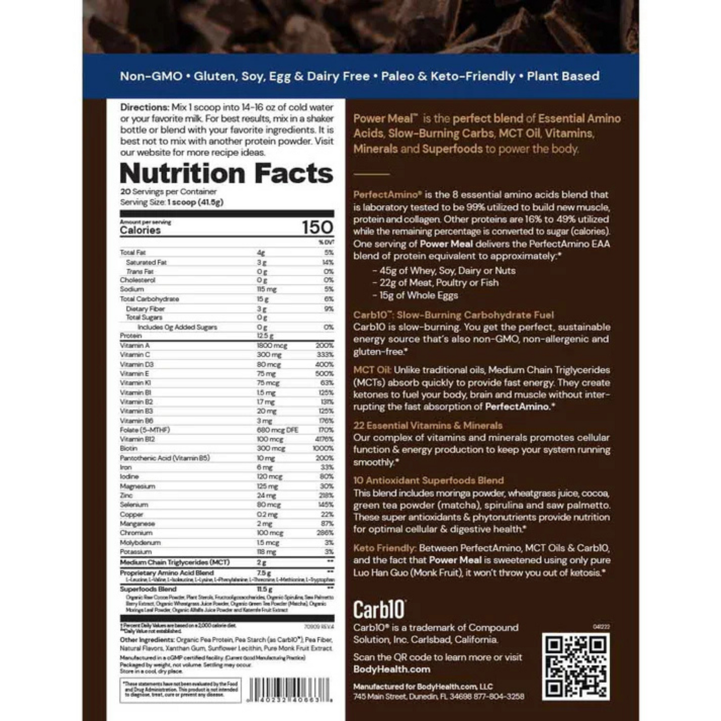 Perfect Amino Power Meal Powder Chocolate Flavored Body Health Ingredients
