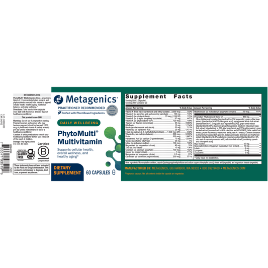 Metagenics PhytoMulti Multivitamin label on a white background