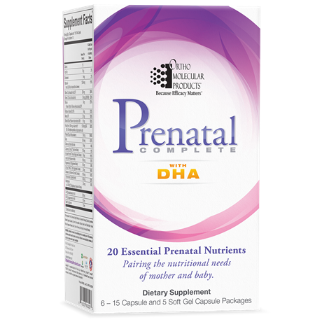 Prenatal Complete with DHA bottle by Ortho Molecular Products for pregnancy and postpartum support