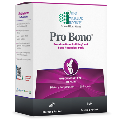 Pro Bono supplement packaging by Ortho Molecular Products for bone density and skeletal support
