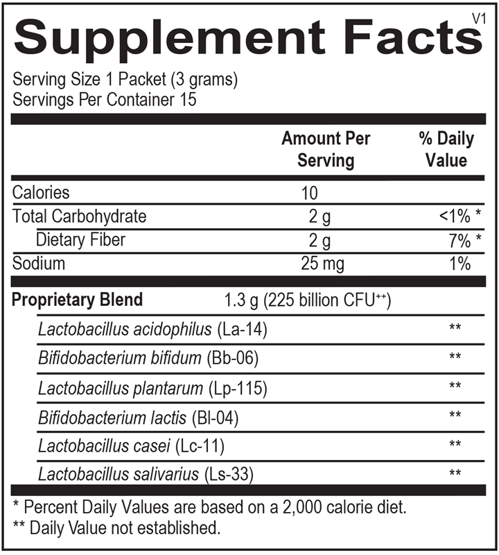 Probiotic 225 supplement facts label showing 225 billion CFU and diverse probiotic strains