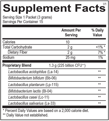 Probiotic 225 supplement facts label showing 225 billion CFU and diverse probiotic strains