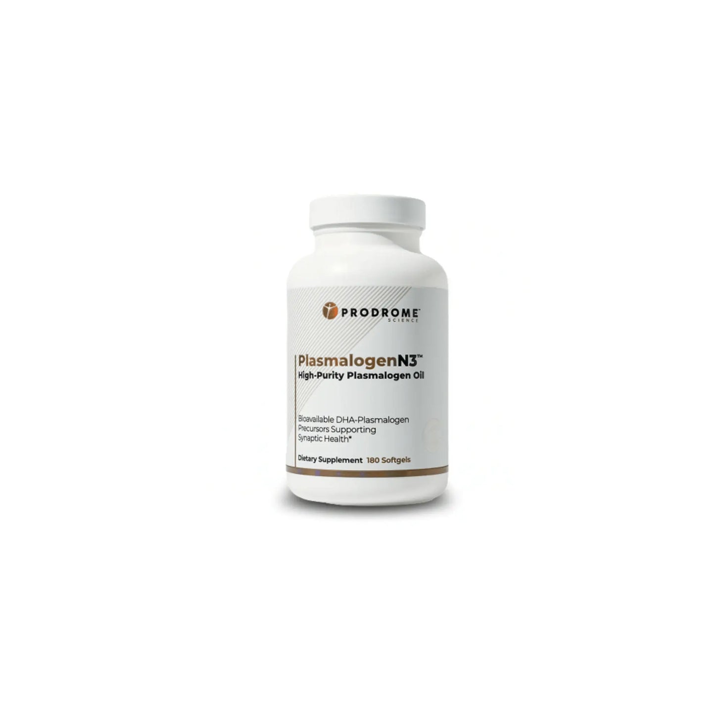 Front view of PlasmalogenN3 180 softgels bottle highlighting the advanced Omega-3 plasmalogen precursor formula for brain and cognitive support