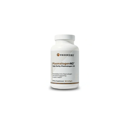 Front view of PlasmalogenN3 180 softgels bottle highlighting the advanced Omega-3 plasmalogen precursor formula for brain and cognitive support