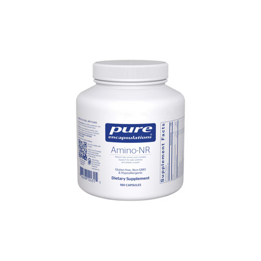 Pure Encapsulations Amino-NR supplement bottle for muscle recovery, energy support, and immune health.