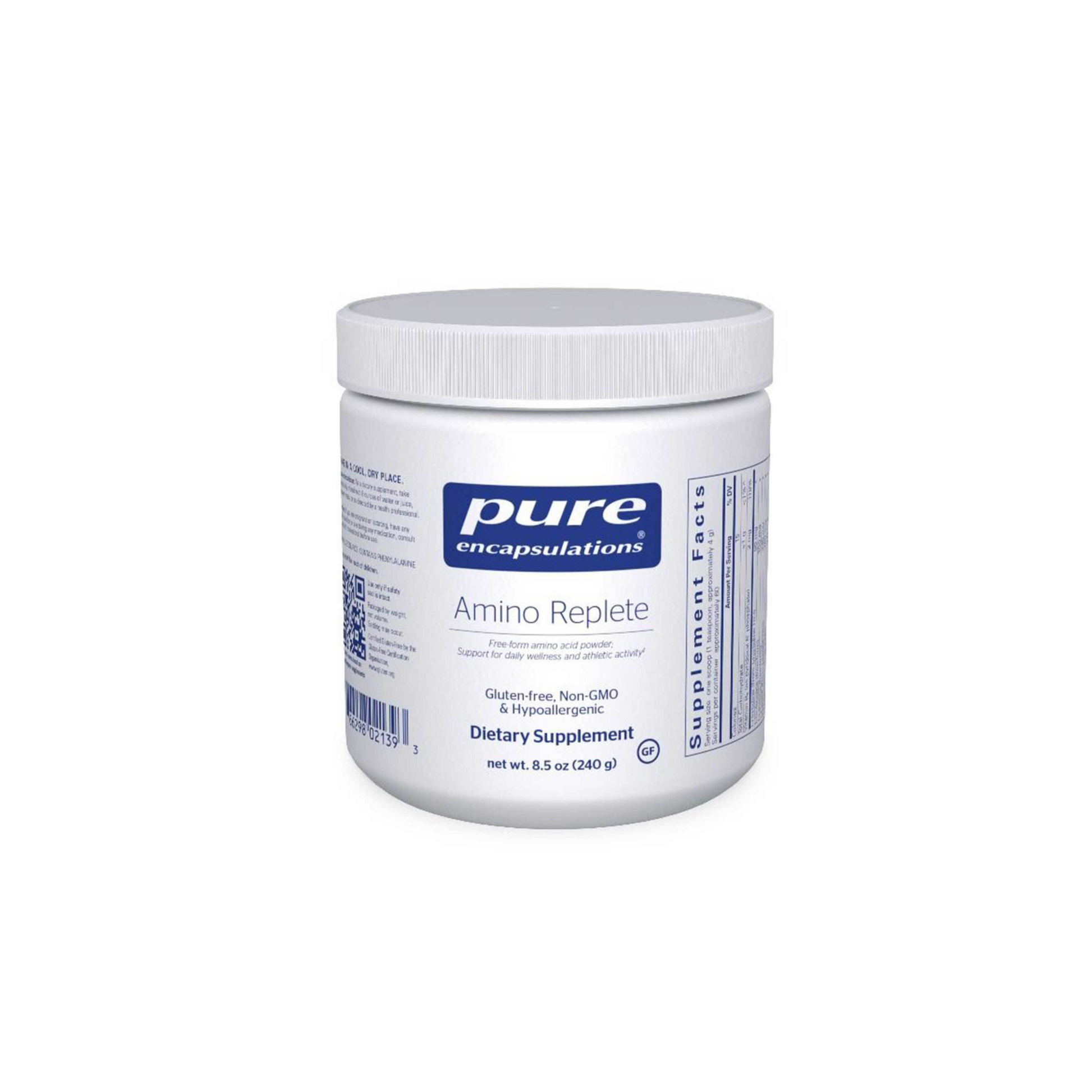 Front view of Pure Encapsulations Amino Replete supplement container for amino acid support, muscle recovery, and optimal protein synthesis.