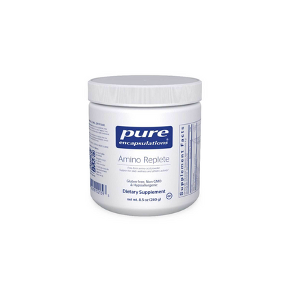 Front view of Pure Encapsulations Amino Replete supplement container for amino acid support, muscle recovery, and optimal protein synthesis.