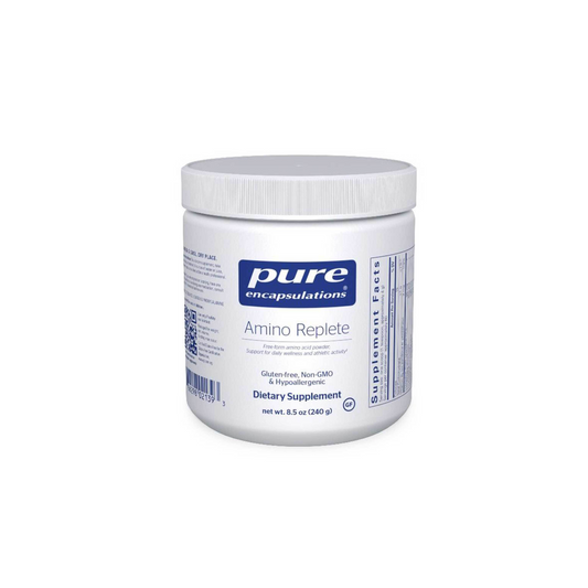 Front view of Pure Encapsulations Amino Replete supplement container for amino acid support, muscle recovery, and optimal protein synthesis.