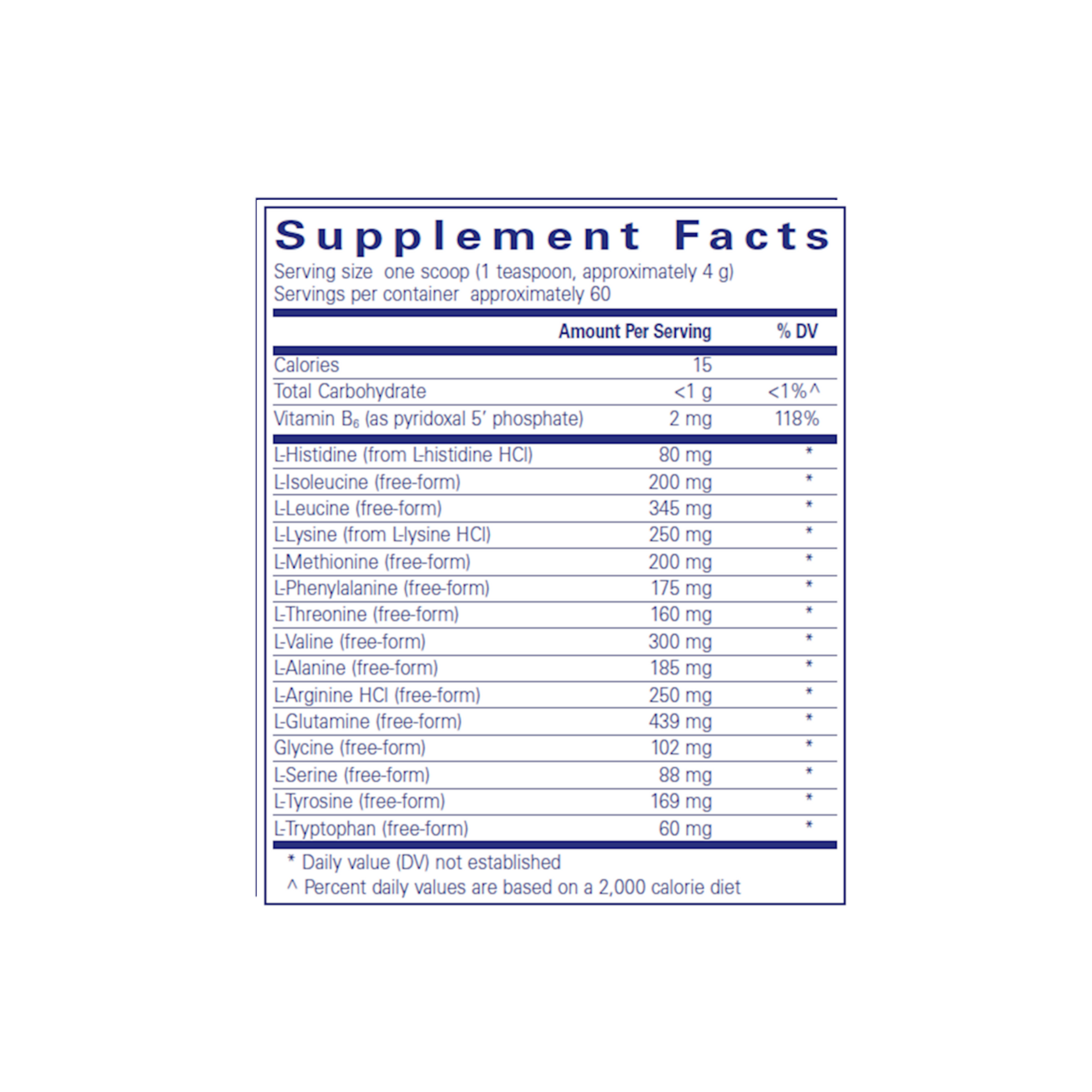 Supplement facts label for Pure Encapsulations Amino Replete, detailing amino acid profile and dosage for muscle support and recovery.
