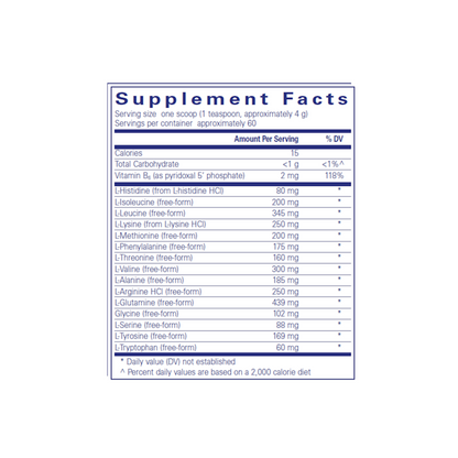 Supplement facts label for Pure Encapsulations Amino Replete, detailing amino acid profile and dosage for muscle support and recovery.