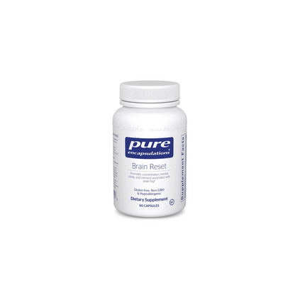 Pure Encapsulations Brain Reset supplement bottle for cognitive support, mental clarity, and brain health.