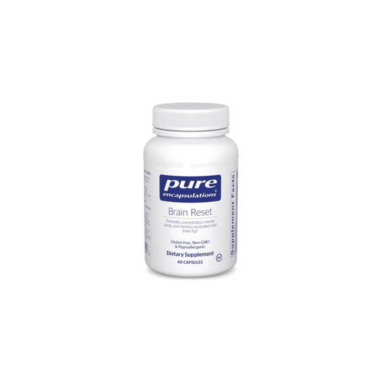 Pure Encapsulations Brain Reset supplement bottle for cognitive support, mental clarity, and brain health.