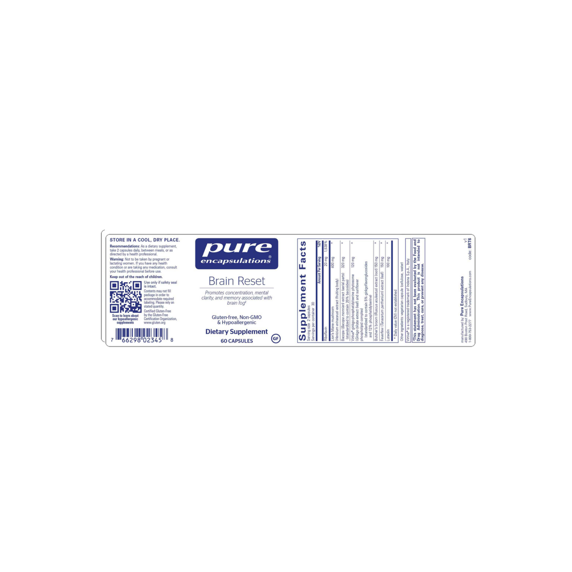 Pure Encapsulations Brain Reset full label showing ingredients for cognitive support, mental clarity, and brain health.