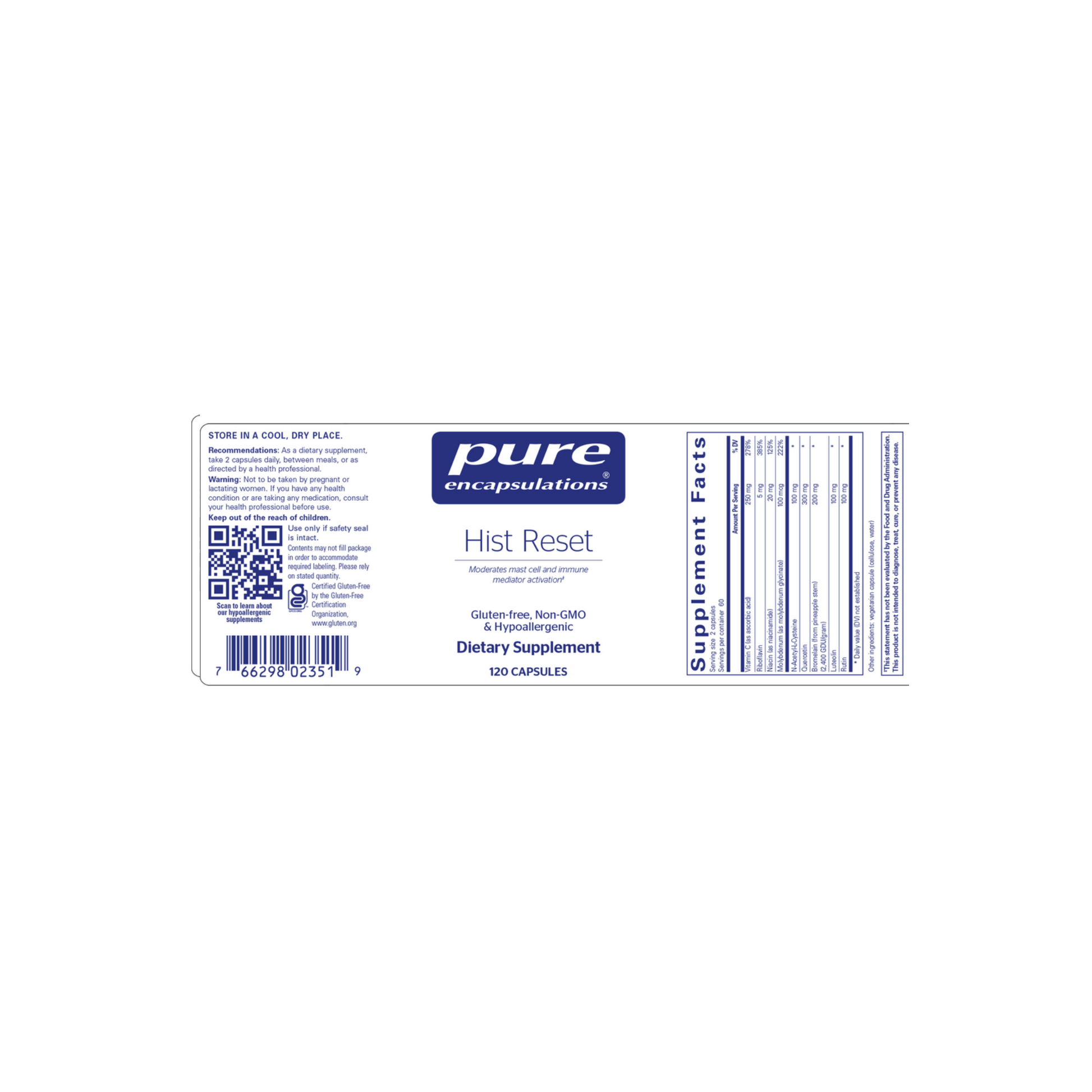 Pure Encapsulations Hist Reset supplement full label showing ingredients for histamine balance, immune support, and healthy inflammation response.