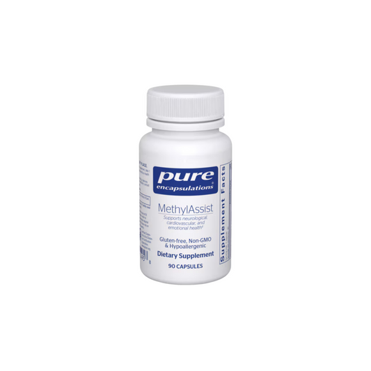 Pure Encapsulations MethylAssist supplement bottle with active B vitamins for methylation and cardiovascular support.