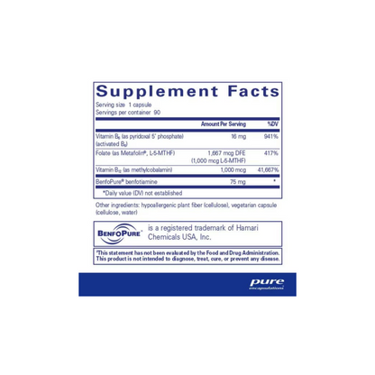 Supplement facts for Pure Encapsulations MethylAssist highlighting active B vitamin content and methylation support ingredients.