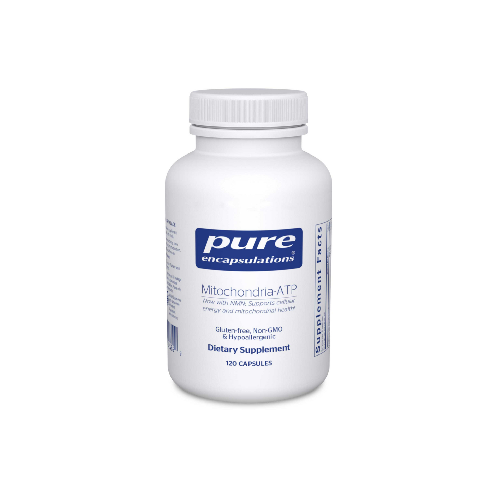 Front view of Pure Encapsulations Mitochondrial-ATP supplement bottle for mitochondrial health and cellular energy support.