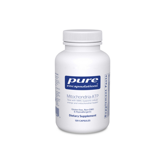Front view of Pure Encapsulations Mitochondrial-ATP supplement bottle for mitochondrial health and cellular energy support.