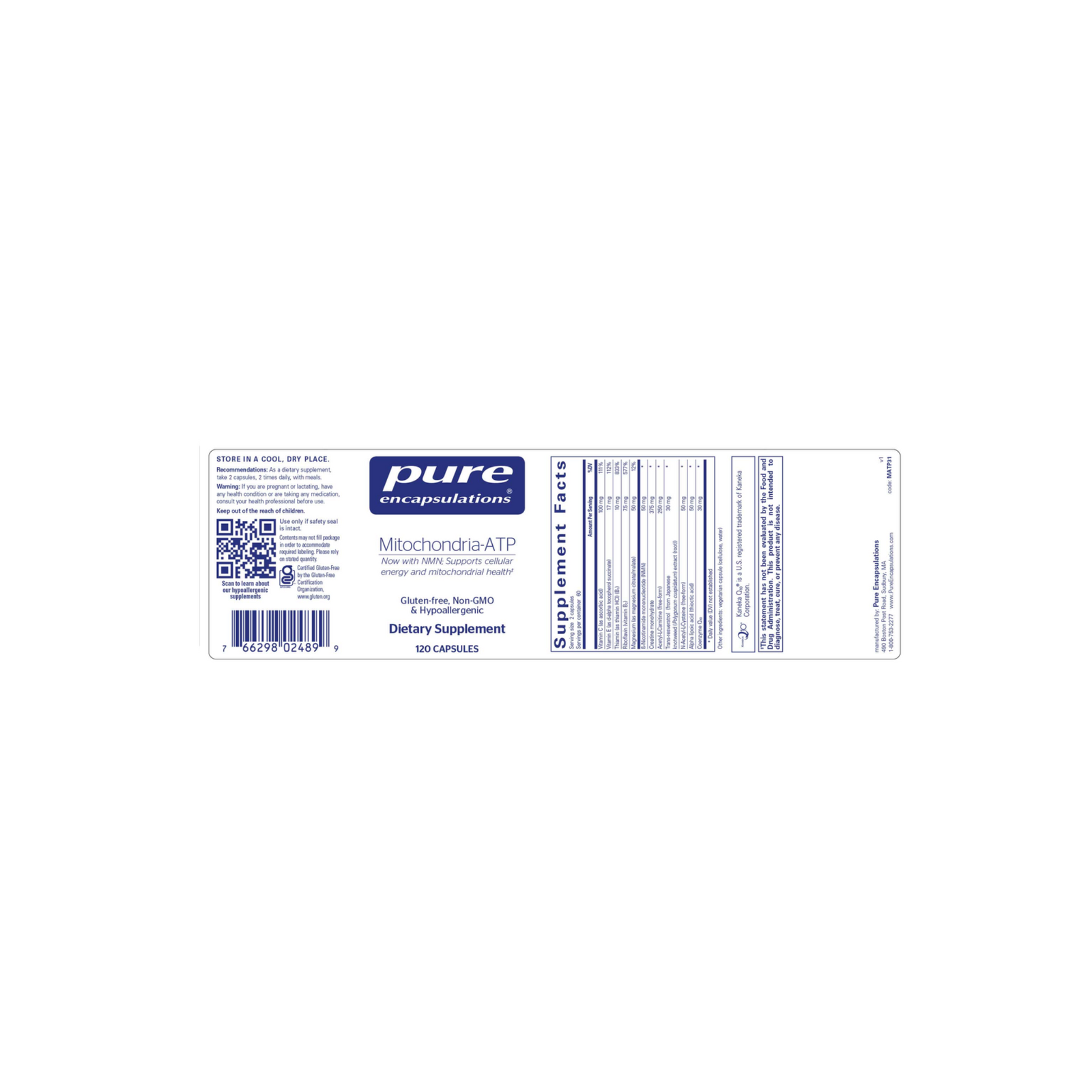 Pure Encapsulations Mitochondrial-ATP supplement bottle with full label, featuring mitochondrial support, cellular energy, and ATP production benefits.
