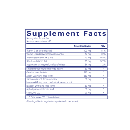 Supplement facts for Pure Encapsulations Mitochondrial-ATP, showing ingredients and dosage for energy, mitochondrial support, and ATP production.