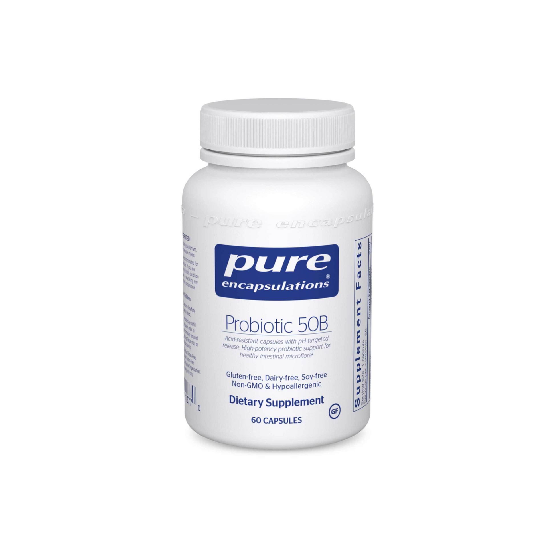 Front view of Pure Encapsulations Probiotic 50B supplement container for digestive health and immune support with 50 billion CFU.