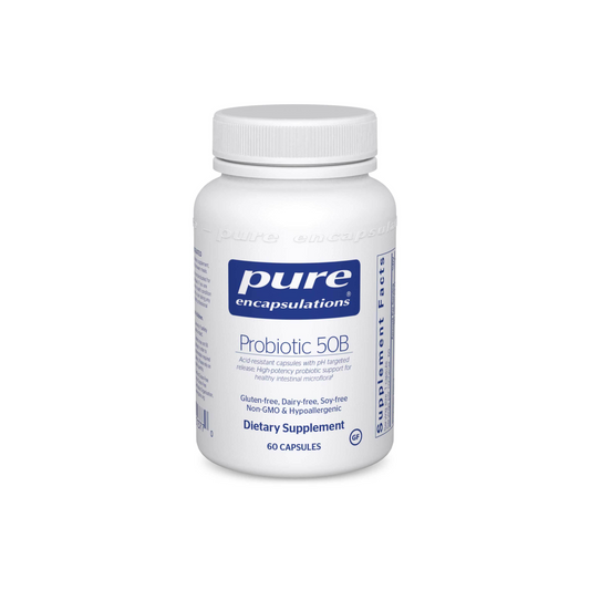 Front view of Pure Encapsulations Probiotic 50B supplement container for digestive health and immune support with 50 billion CFU.