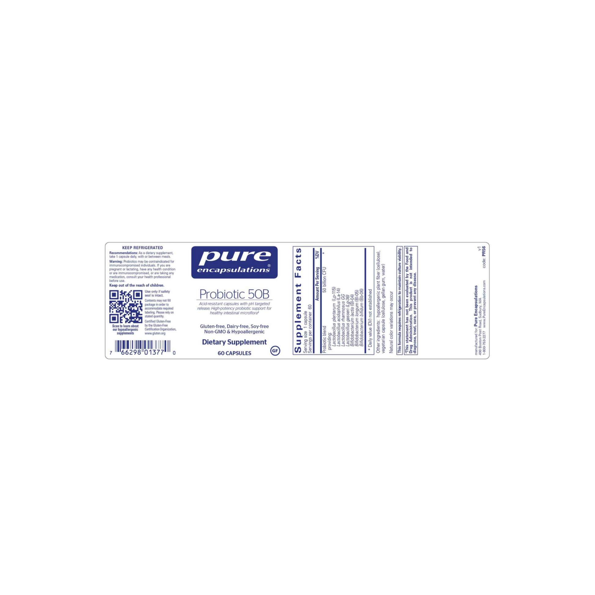 Pure Encapsulations Probiotic 50B supplement label showing probiotic strains, 50 billion CFU, and digestive and immune health support.