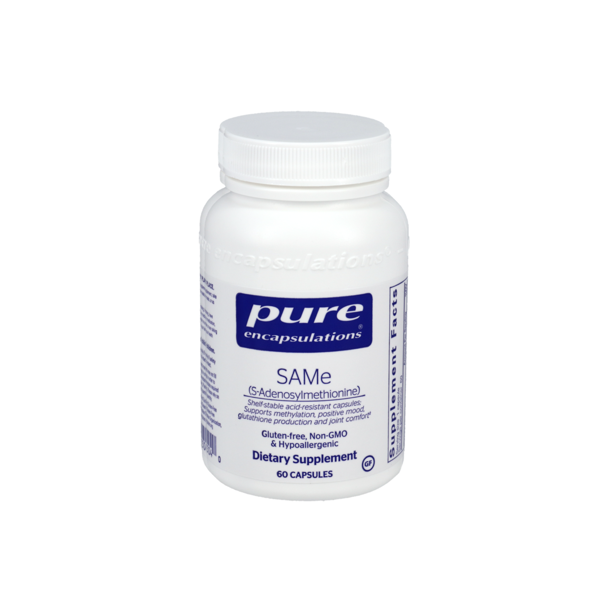 Pure Encapsulations SAMe supplement bottle for methylation support, positive mood, glutathione production, and joint comfort.
