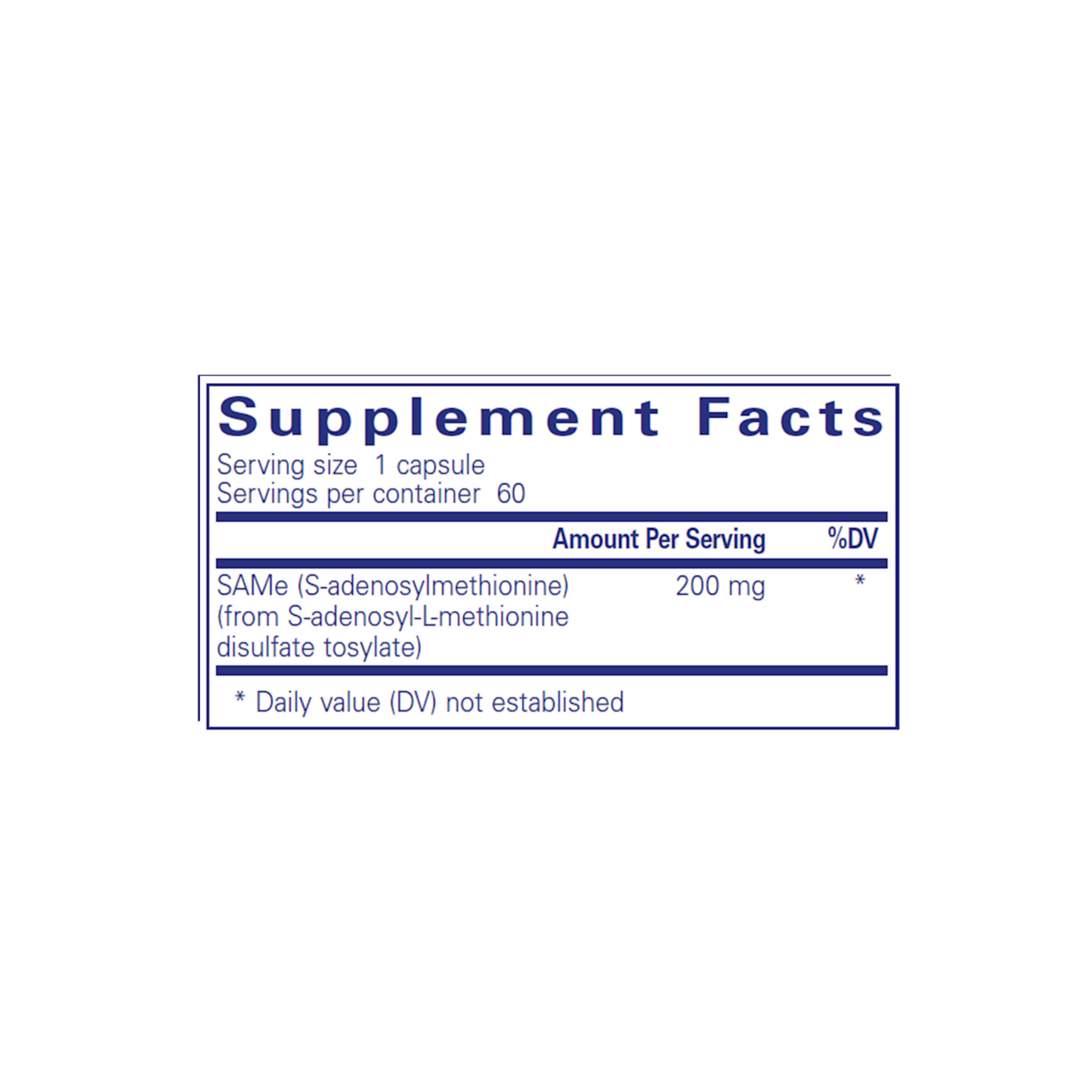 Supplement facts label for Pure Encapsulations SAMe detailing ingredients and dosage for methylation, mood enhancement, glutathione production, and joint support.