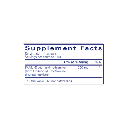 Supplement facts label for Pure Encapsulations SAMe detailing ingredients and dosage for methylation, mood enhancement, glutathione production, and joint support.