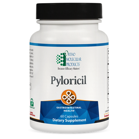 Pyloricil supplement bottle by Ortho Molecular Products for gastrointestinal and stomach lining support