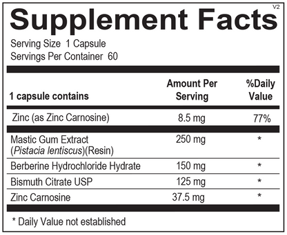 Pyloricil supplement facts label showing berberine, mastic gum, and oregano extract ingredients