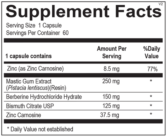 Pyloricil supplement facts label showing berberine, mastic gum, and oregano extract ingredients