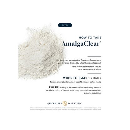 Quicksilver Scientific Amalgaclear how to take directions graphic showing usage instructions for heavy metal detox support with IMD and Modified Citrus Pectin
