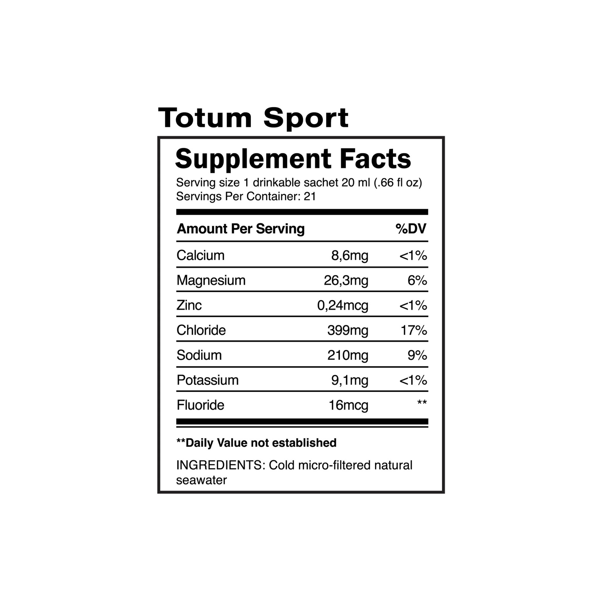 Quinton Totum Sport Supplement Facts label showing natural seawater electrolytes for hydration, endurance, recovery, and athletic performance support