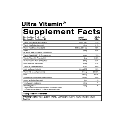 Quicksilver Scientific Ultra Vitamin Supplement Facts label showing patented liquid liposomal multivitamin for daily energy, immunity, and wellness support