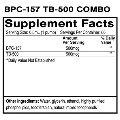 Supplement facts label for BPC-157 TB-500 Combo with serving size, servings per container, and ingredient list.